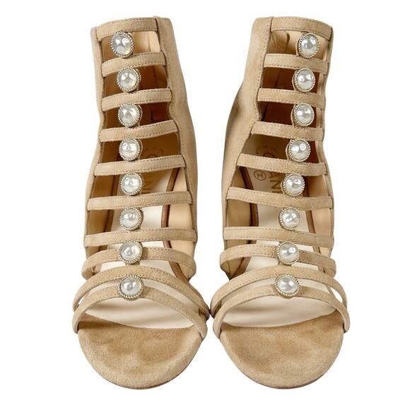 CHANEL Pearl Caged Open Toe Heeled Suede Ankle Boot Sandals - Picture 2 of 12
